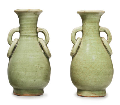 Two Small Longquan Celadon Pear-Shaped Vases