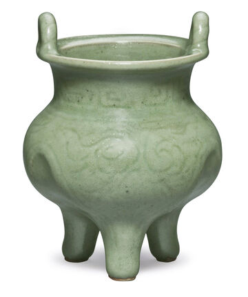 A Small Longquan Celadon Carved Tripod Censer