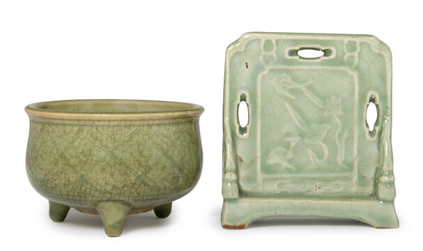 A Small Longquan Celadon Table Screen And A Celadon Tripod Censer