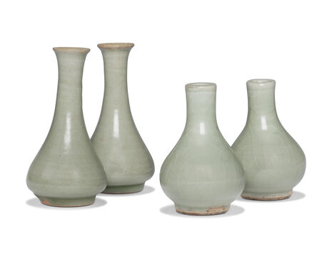 A Pair Of Longquan Celadon-Glazed Vases And A Larger Pair Of Celadon-Glazed Vases