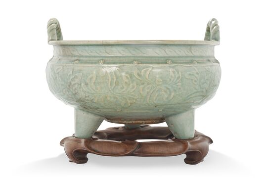 A Large Longquan Celadon Carved Tripod Censer
