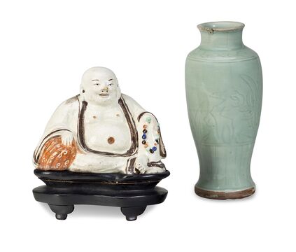 A Longquan Celadon Vase And A Cizhou-Painted Figure Of Budai