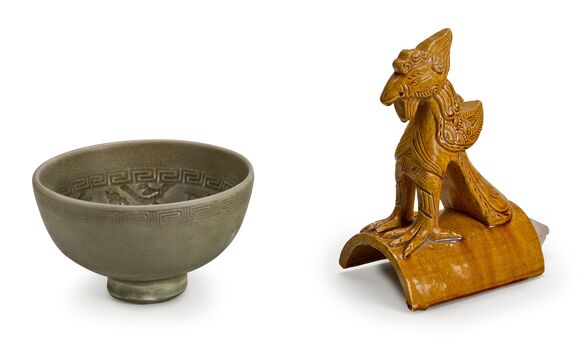 A Longquan Celadon Bowl And An Amber-Glazed Phoenix-Form Roof Tile