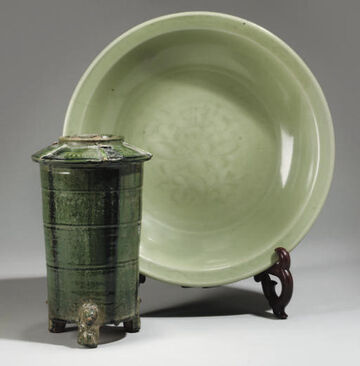 A large Chinese 'Longquan' celadon carved dish, late 14th 15th century