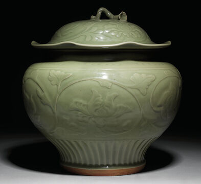 A Rare Carved Longquan Celadon Baluster Jar And Cover