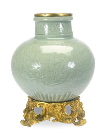 A Gilt-Metal Mounted Chinese Porcelain Longquan Celadon-Glazed Globular Vase,