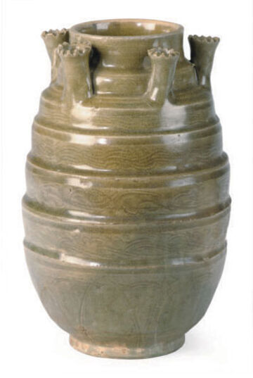 A Chinese Longquan Celadon Jar With Five Crenulated Spouts,