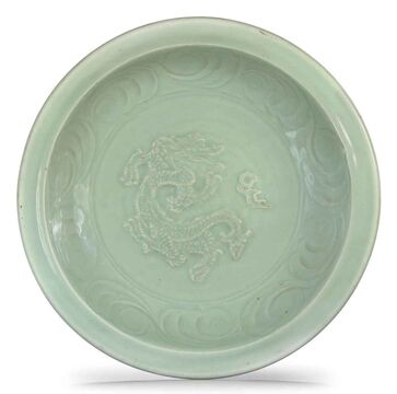 A Longquan Celadon Carved And Molded 'Dragon' Dish