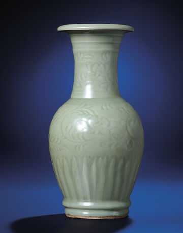 A Fine Carved Longquan Celadon Baluster Vase