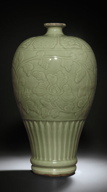 A Very Large Longquan Celadon Inscribed Moulded 'Peony' Vase, Meiping