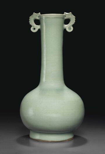 A Rare Longquan Celadon Bottle Vase With Dragon Handles