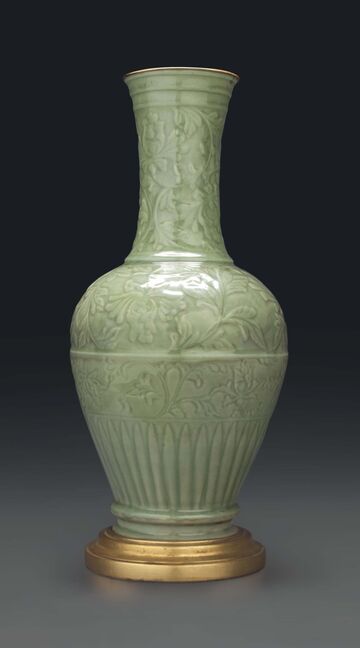 A Large Longquan Celadon Carved Baluster Vase