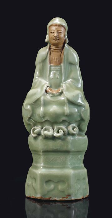Statue De Guanyin En Biscuit Et Porcelaine Celadon Longquan