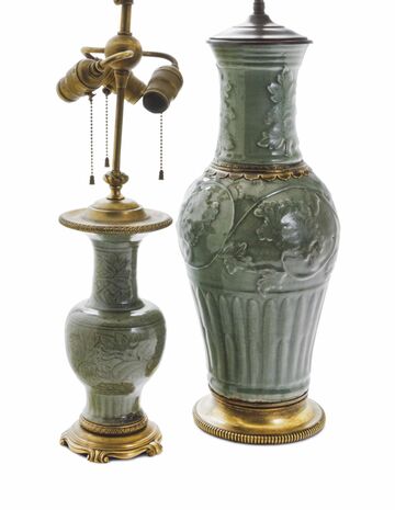 Two Gilt-Bronze Mounted Chinese Longquan Celadon Baluster Vases, Mounted As Lamps,