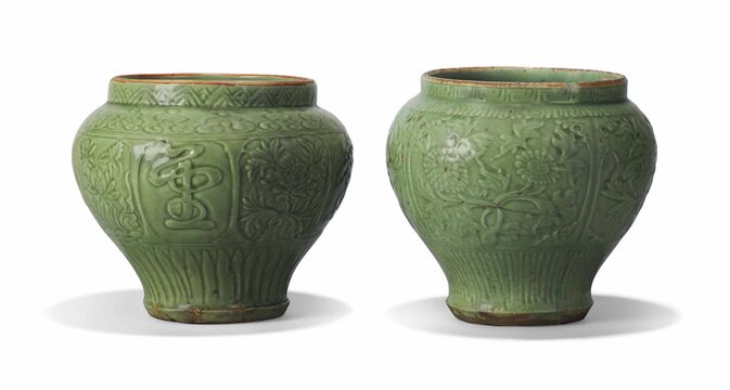 Two Chinese Longquan Celadon Jars
