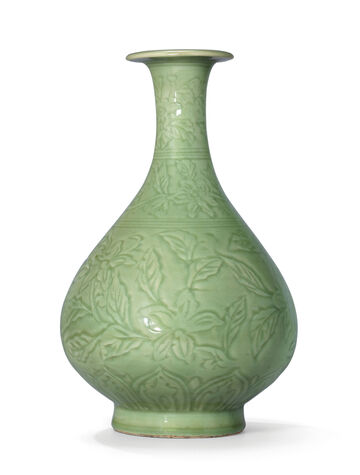 A Very Rare Carved Longquan Celadon Bottle Vase, Yuhuchunping