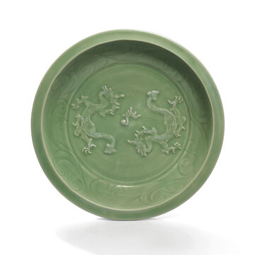 A Very Rare Large Carved And Moulded ‘Double-Dragon’ Longquan Celadon Charger