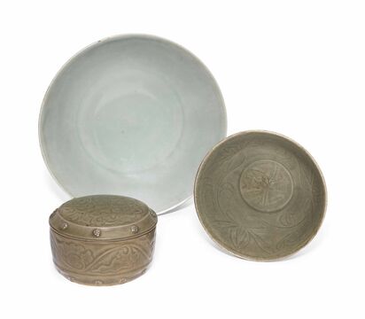A Longquan Celadon-Glazed Shallow Bowl, An Incised Celadon-Glazed 'Lotus' Bowl, And A Carved Celadon-Glazed Box And Cover
