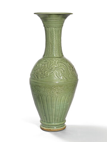 A Large Carved Longquan Celadon Trumpet-Necked Baluster Vase