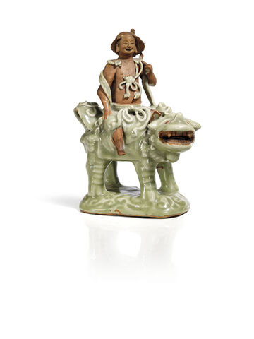 Statue De Manjushri En Biscuit Emaille Celadon Longquan