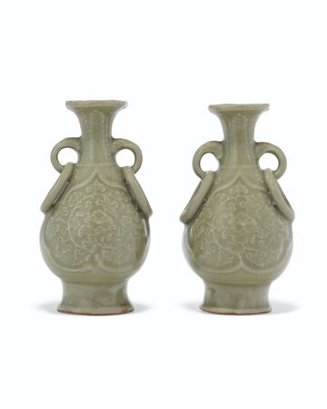 A Pair Of Small Molded Longquan Celadon Pear-Shaped Vases