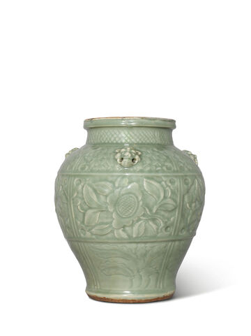 An Important And Extremely Rare Carved Longquan Celadon Jar