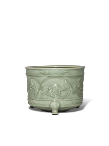 A Moulded Longquan Celadon Tripod Censer