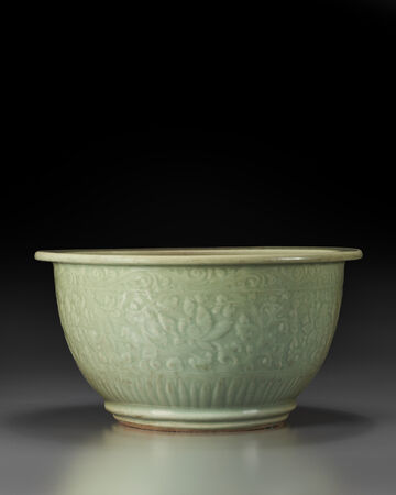 A Large And Very Rare Carved And Molded Longquan Celadon Jardinière