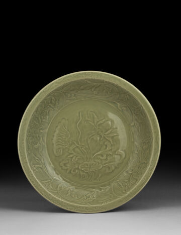 A Rare Carved Longquan Celadon 'Lotus Spray' Dish