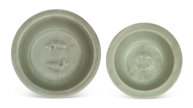 Two Small Chinese Longquan Celadon ‘Twin Fish’ Dishes