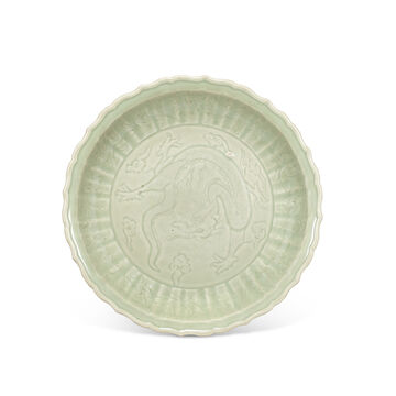 A Rare Carved Longquan Celadon 'Dragon' Dish
