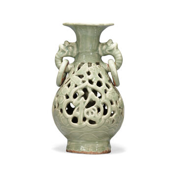 A Longquan Celadon Openwork ‘Fortune And Longevity’ Pear-Shaped Double Vase