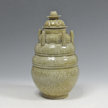 青釉刻花缠枝花卉纹五管盖罐