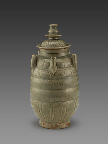 青釉刻花五管盖罐